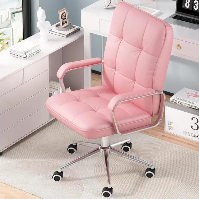 Pink office chair in a home office setting with a desk and decor.