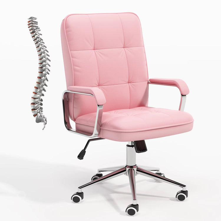 Pink leather swivel ergonomic office chair with tufted back, chrome armrests, and wheeled base.