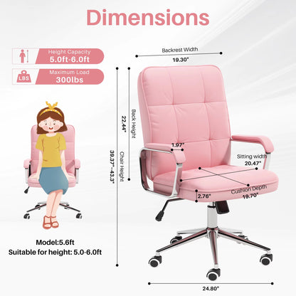 Pink premium PU leather ergonomic swivel office chair with plush cushions for sofa-like comfort (feature callout)