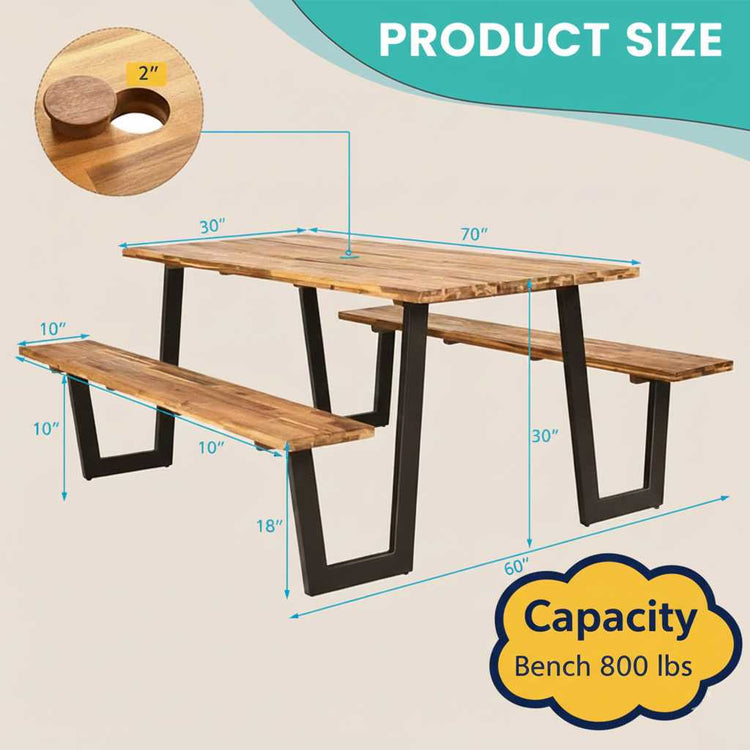Premium Acacia Wood Picnic Table with two benches for outdoor dining, natural grain finish.