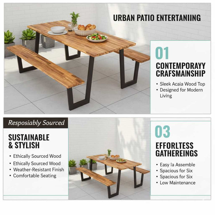 Premium Acacia wood picnic table with two benches features, for outdoor dining, showcasing natural grain and modern black legs.