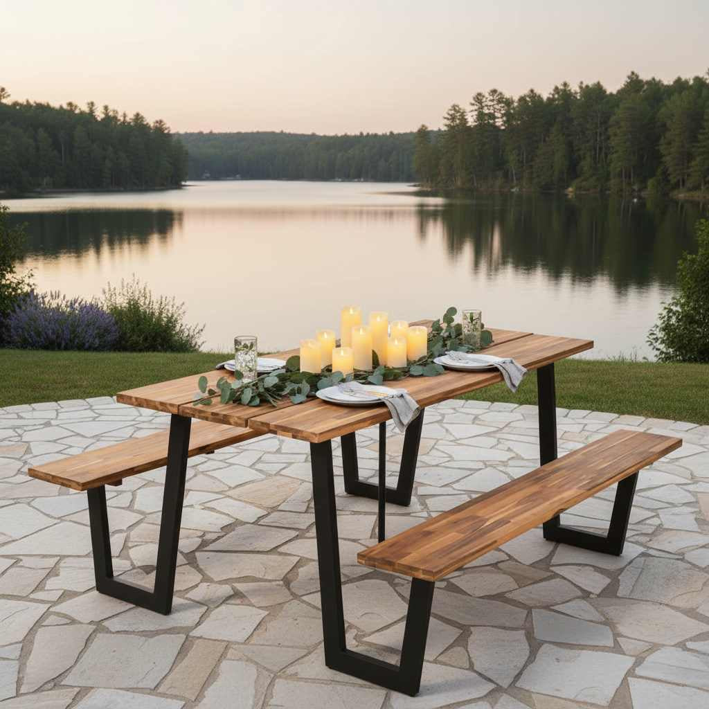 Premium acacia wood picnic table with two benches beside a lake, candles and greenery decor.