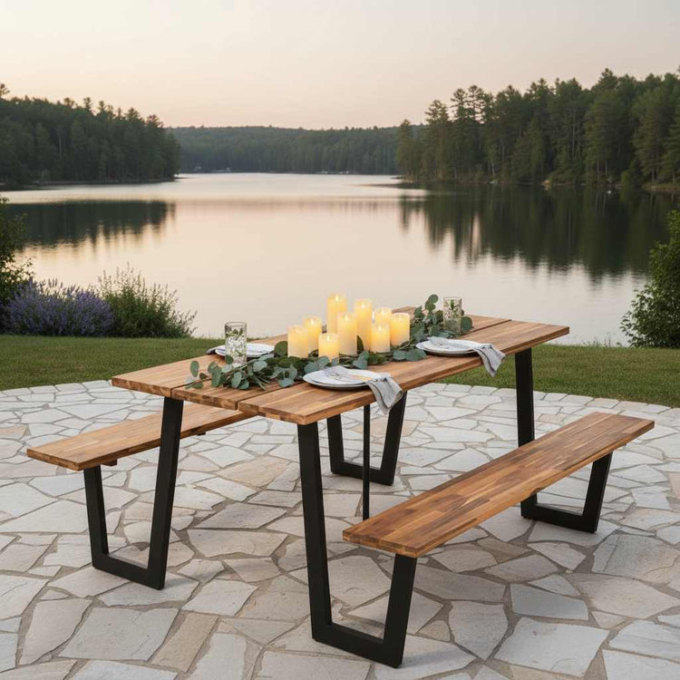 Premium acacia wood picnic table with two benches beside a lake, candles and greenery decor.