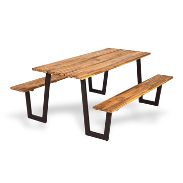 Acacia wood picnic table with two benches and dark metal legs for outdoor dining.