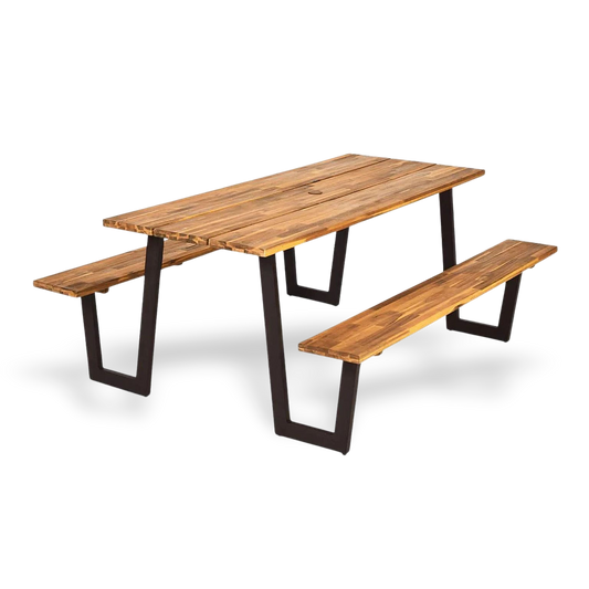Premium acacia wood picnic table with two benches, natural grain finish, outdoor dining set