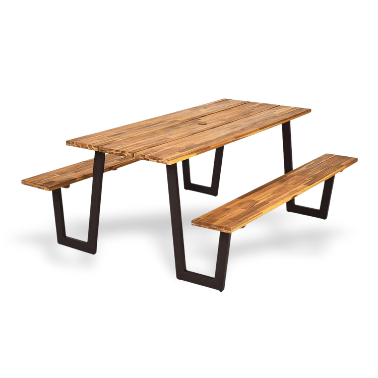 Premium acacia wood picnic table with two benches, natural grain finish, outdoor dining set