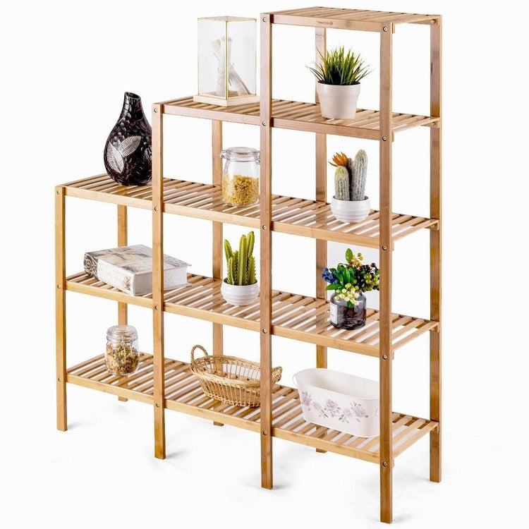Premium bamboo wood five-tier bookcase plant stand with slatted shelves
