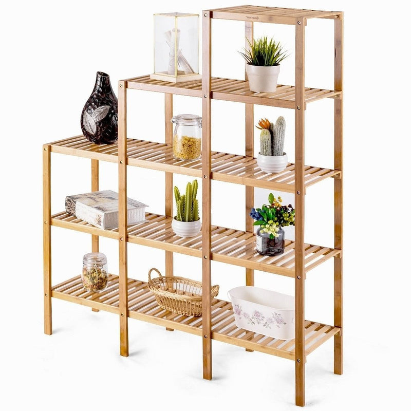 Premium bamboo wood five-tier bookcase plant stand with slatted shelves