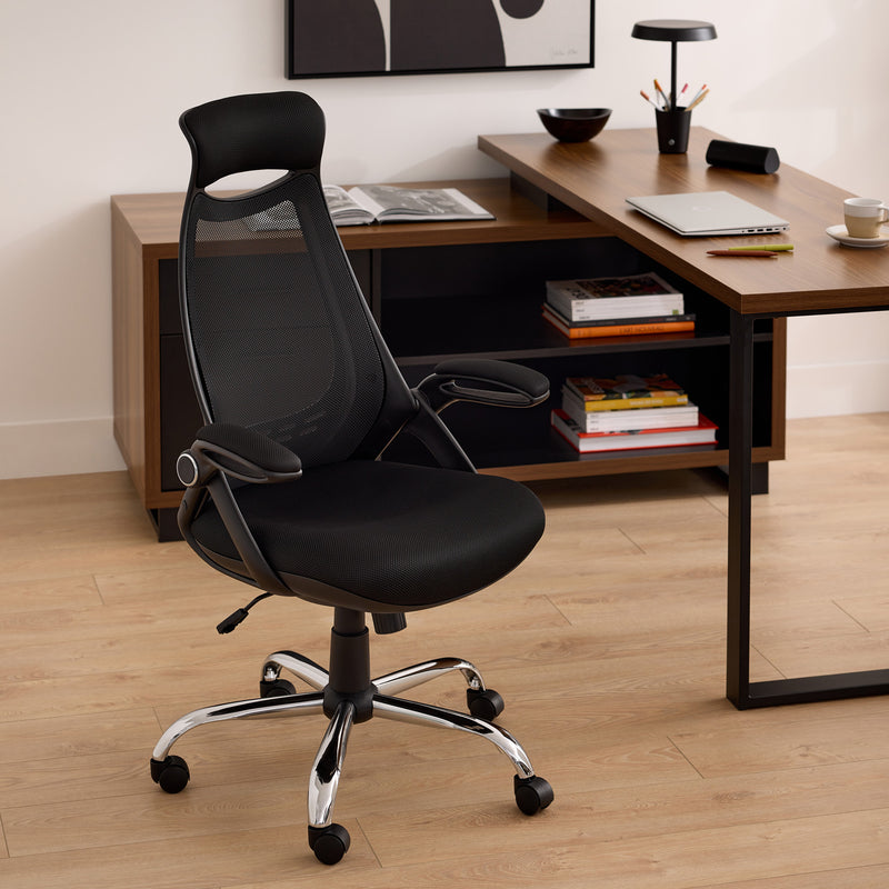Premium black foam office chair with breathable mesh back, ergonomic and height-adjustable, on a chrome base.