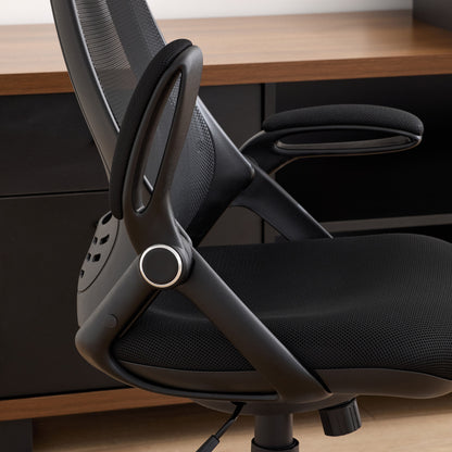 Premium black foam office chair with mesh back, adjustable height and durable metal frame (close-up detail)