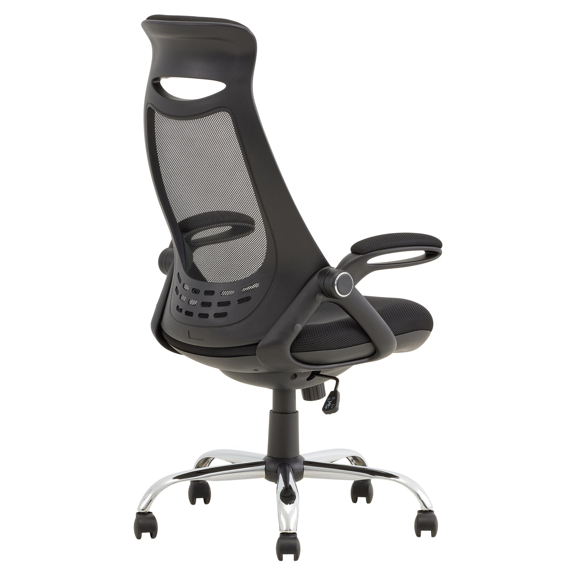 Premium black foam office chair with mesh back, adjustable height, durable frame, and chrome base.