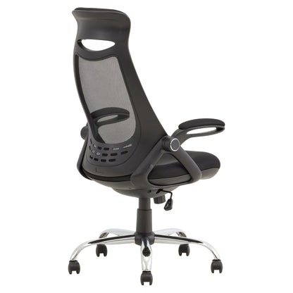 Premium black foam office chair with mesh back, adjustable height, durable frame, and chrome base (plain studio)