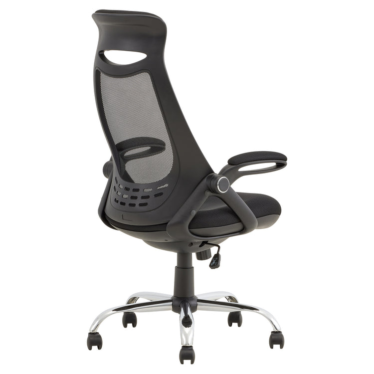 Premium black foam office chair with mesh back, adjustable height, durable frame, and chrome base.