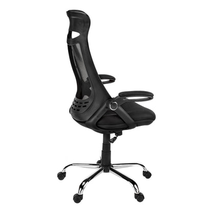 Premium black mesh-back ergonomic office chair with adjustable height, foam seat, and chrome base (plain studio)