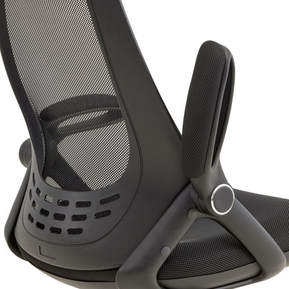 Premium black office chair with mesh back, ergonomic support, adjustable height, durable metal frame (close-up detail)