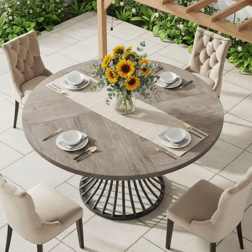 Round 47-inch grey dining table with sunflower bouquet, seats 4-6, in a kitchen and living room with beige chairs.