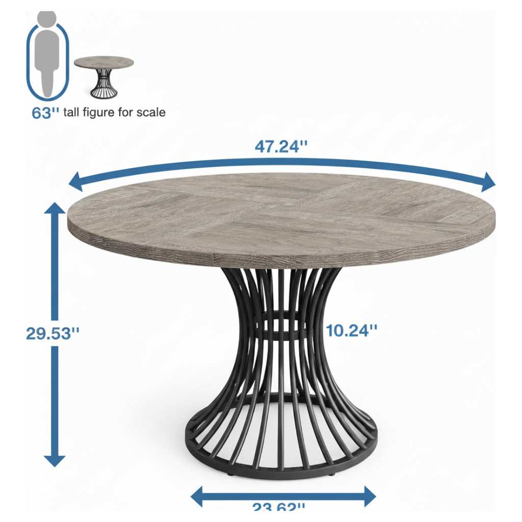Round 47-inch grey dining table dimensions with soft finish and black metal pedestal base, seats 4-6 for kitchen or living room.