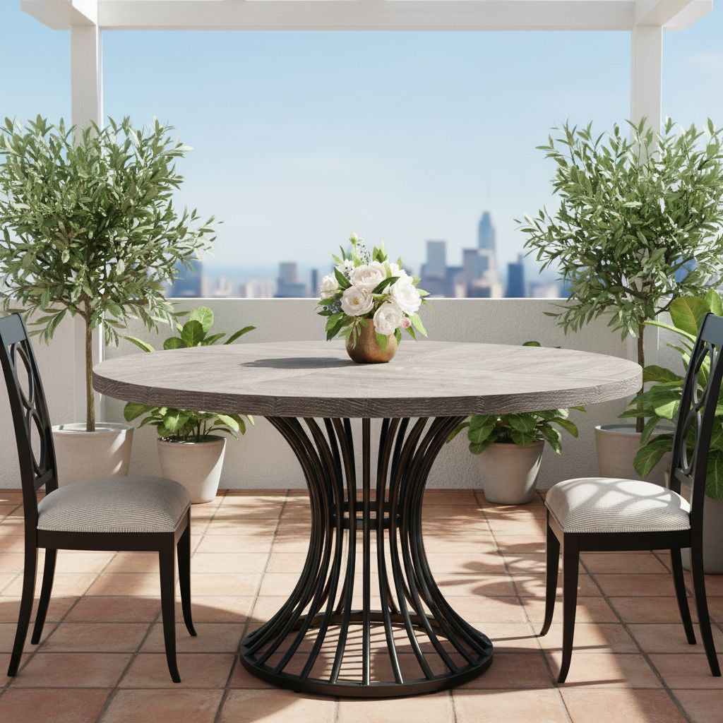 Round 47-inch grey dining table with a sculptural metal base on a balcony with chairs and potted plants.