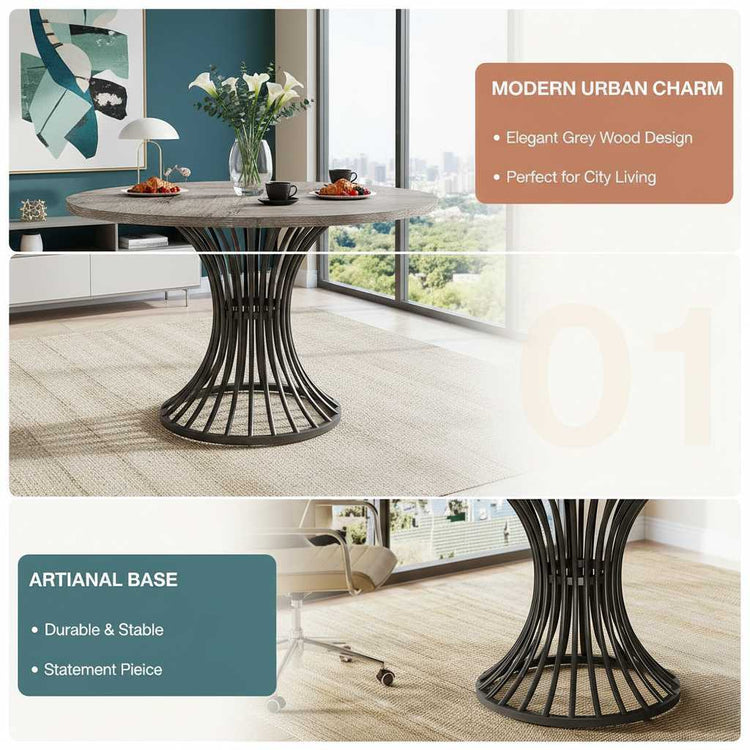Round 47-inch grey dining table with a sculptural metal base for the kitchen or living room.