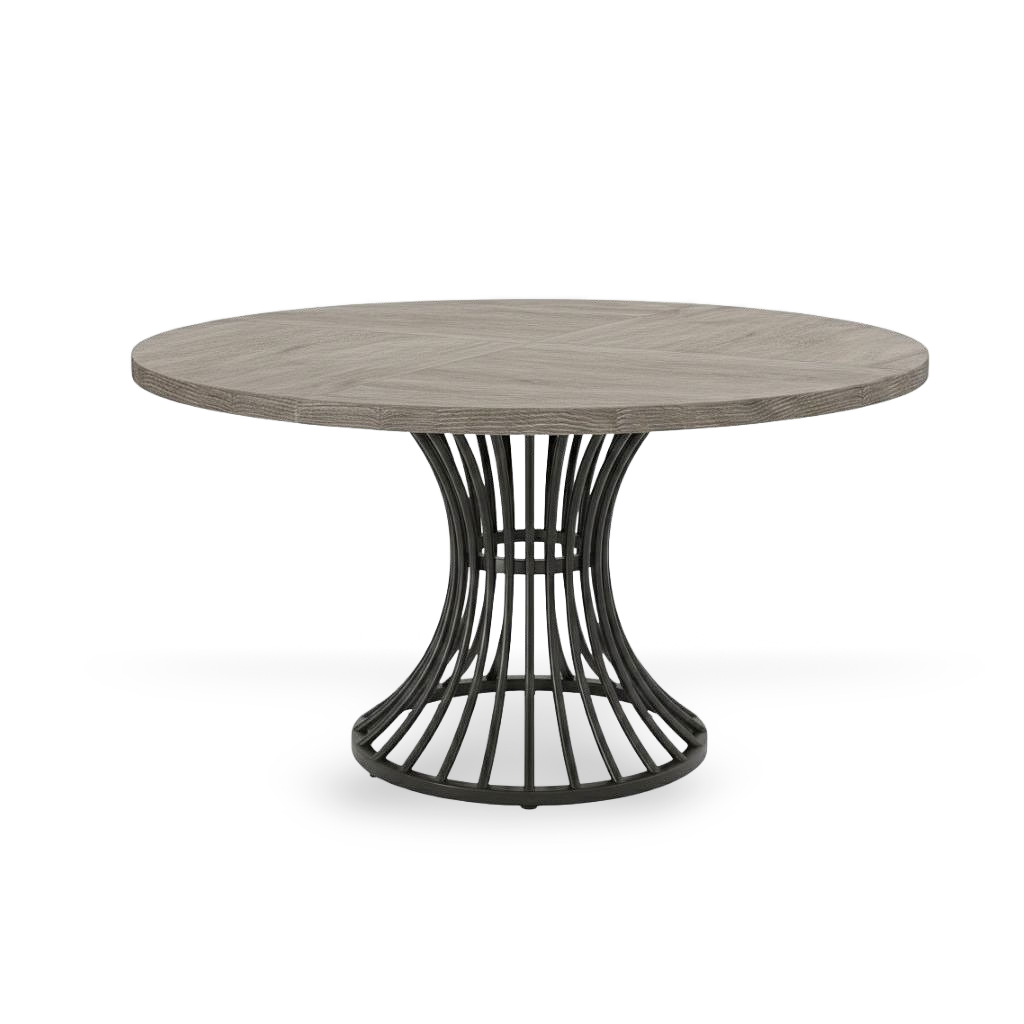 Round 47-inch grey dining table with a wood top and cage-like curved metal base.