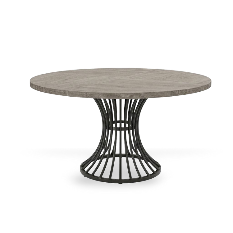 Round 47-inch grey dining table with a wood top and cage-like curved metal base.