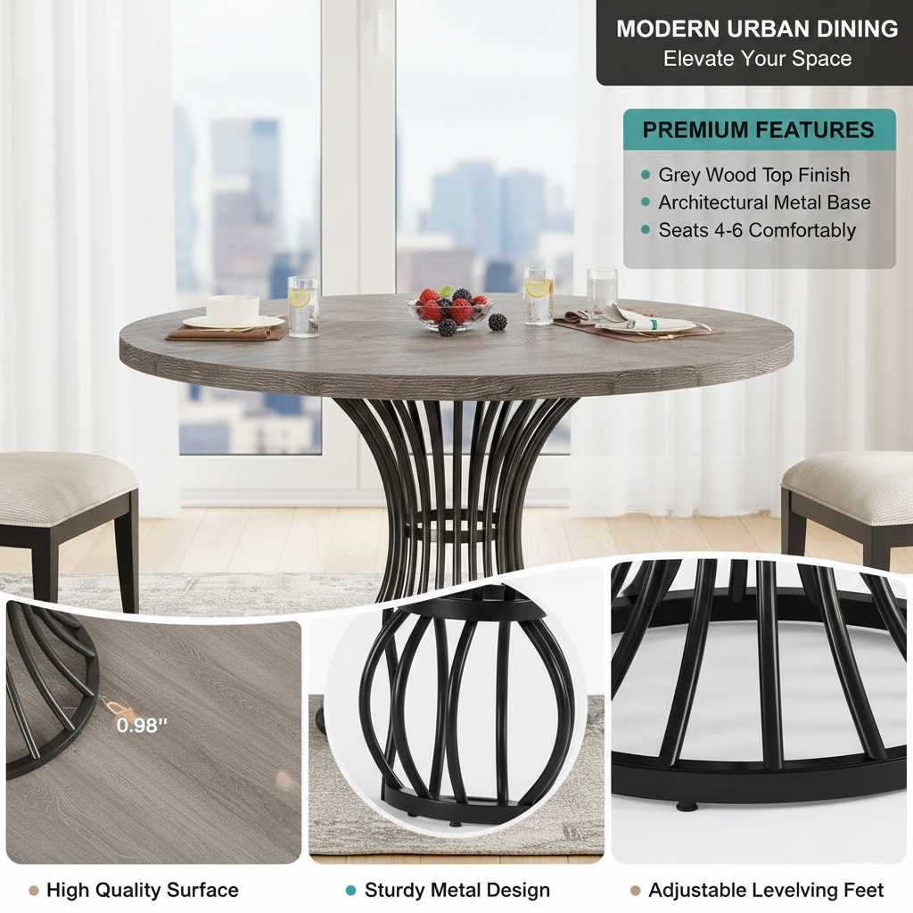 Round 47-inch grey dining table with curved black metal base, seating 4-6 in a bright kitchen/living area.