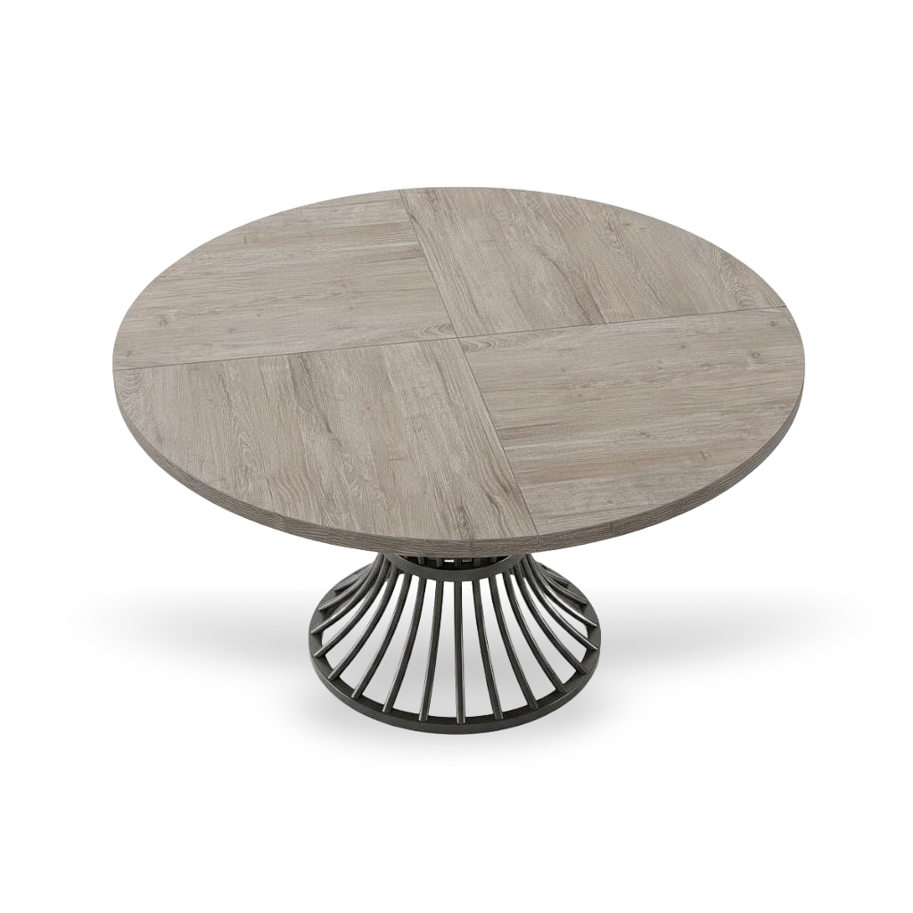 Round 47-inch grey dining table with wood-grain top and sculpted metal pedestal base.