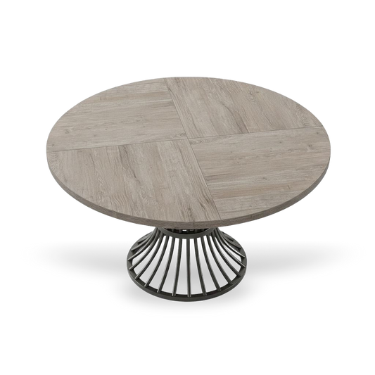 Round 47-inch grey dining table with wood-grain top and sculpted metal pedestal base.