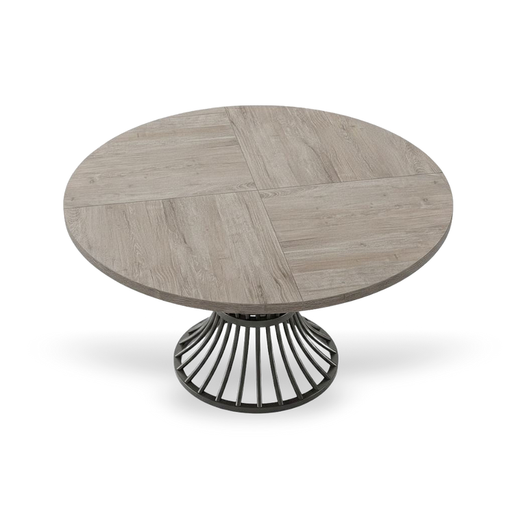 Round 47-inch grey dining table with wood-grain top and sculpted metal pedestal base.