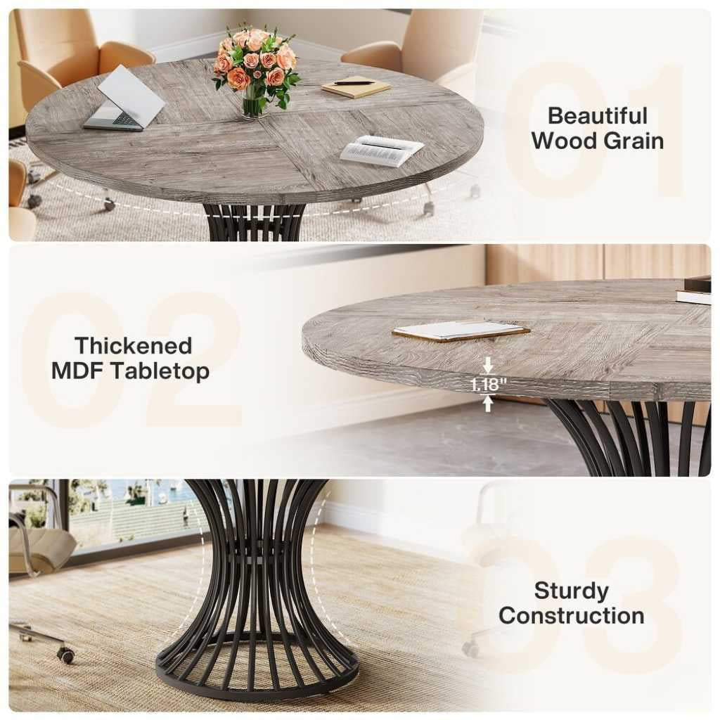 Round 47-inch grey dining table with wood-grain top and curved black metal pedestal base, seats 4-6.