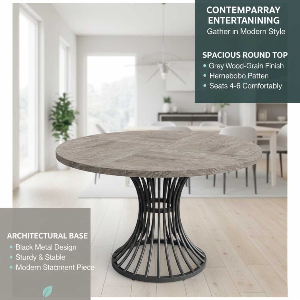 Round 47-inch grey wood-grain dining table with a black curved metal base, seats 4-6 in small kitchens or living rooms.
