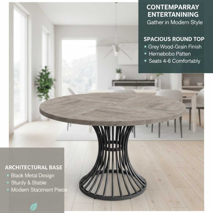 Round 47-inch grey wood-grain dining table with a black curved metal base, seats 4-6 in small kitchens or living rooms.