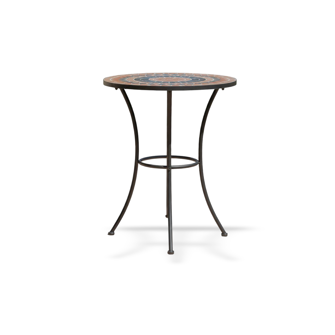 Round Mosaic Outdoor Table with grey and orange ceramic tiles on a dark brown metal frame for small balconies.