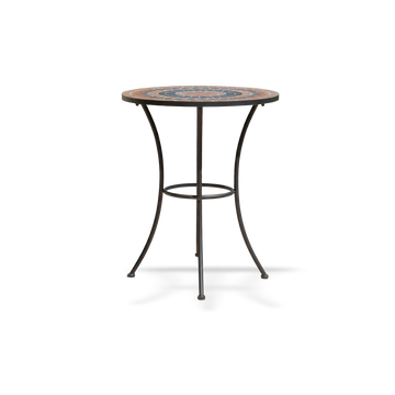 Round mosaic outdoor patio bistro table with grey and orange ceramic top on curved black metal legs.