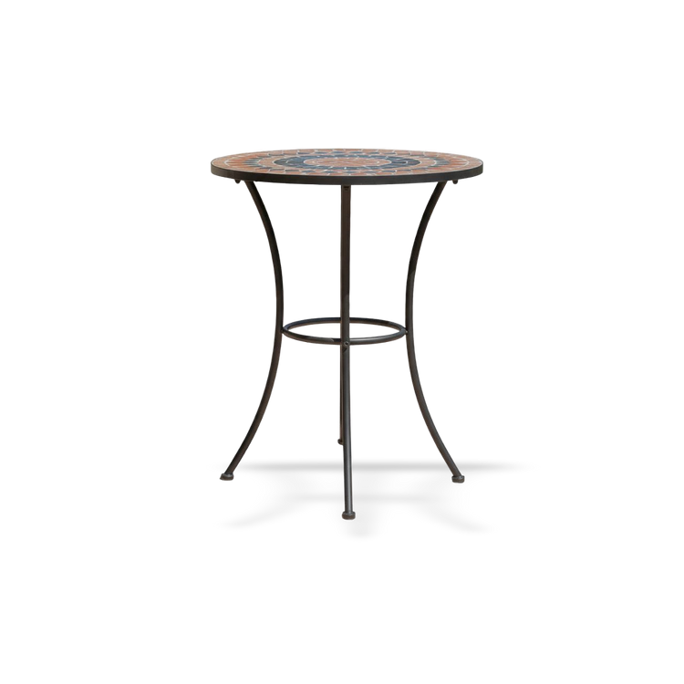 Round Mosaic Outdoor Table with grey and orange ceramic tiles on a dark brown metal frame for small balconies.