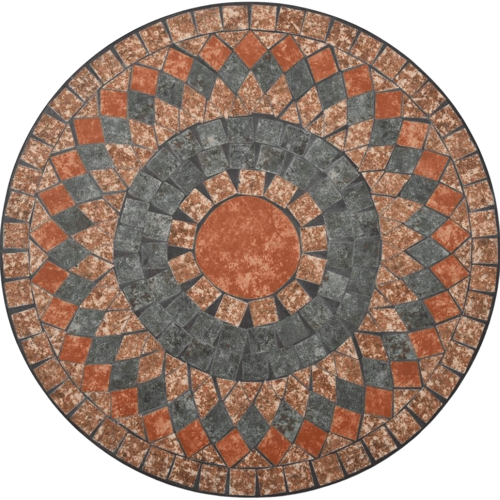 Round Mosaic Table with grey and orange ceramic tiles, compact for small balconies
