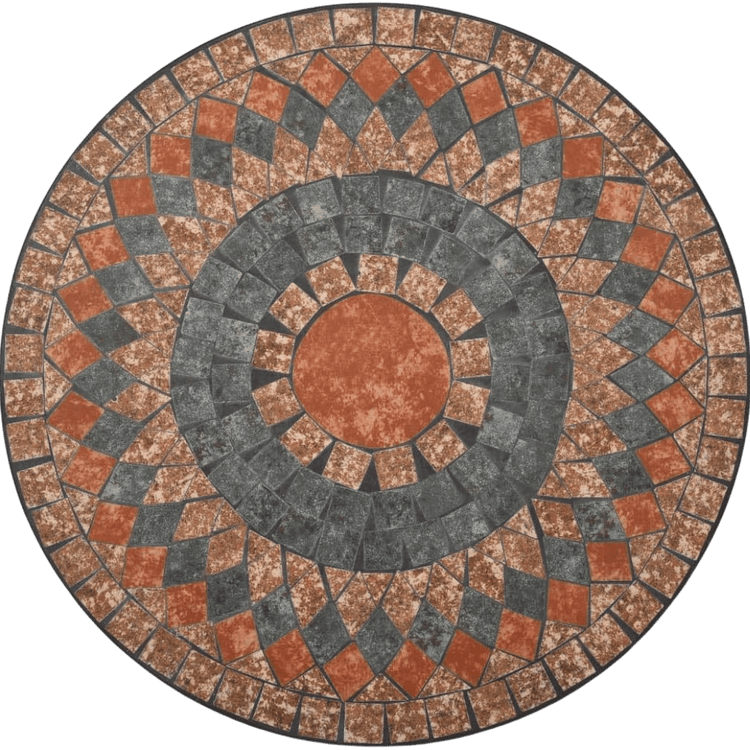 Round Mosaic Table with grey and orange ceramic tiles, compact for small balconies