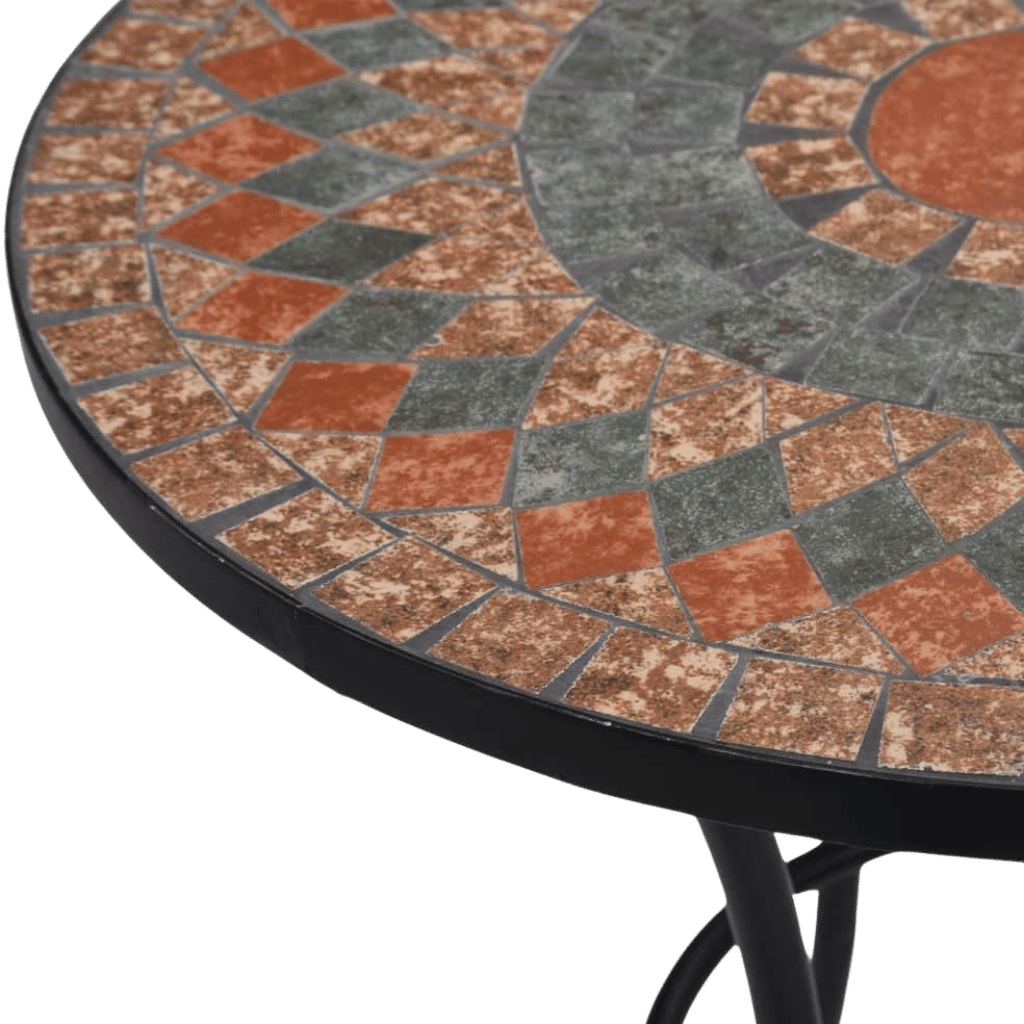 Round Mosaic Table with grey and orange ceramic tiles on a black metal base, ideal for small balconies.
