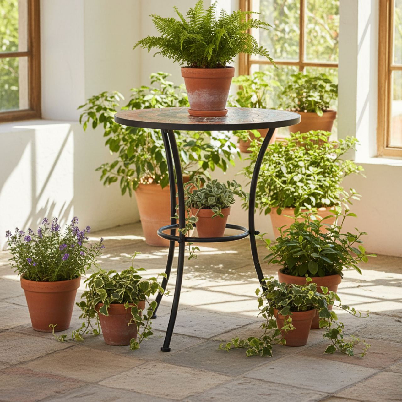 Round Mosaic Table with grey and orange ceramic tiles, compact for balconies