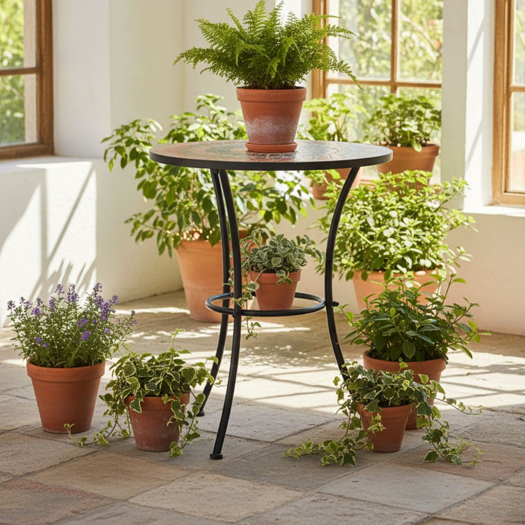 Round Mosaic Table with grey and orange ceramic tiles, compact for balconies