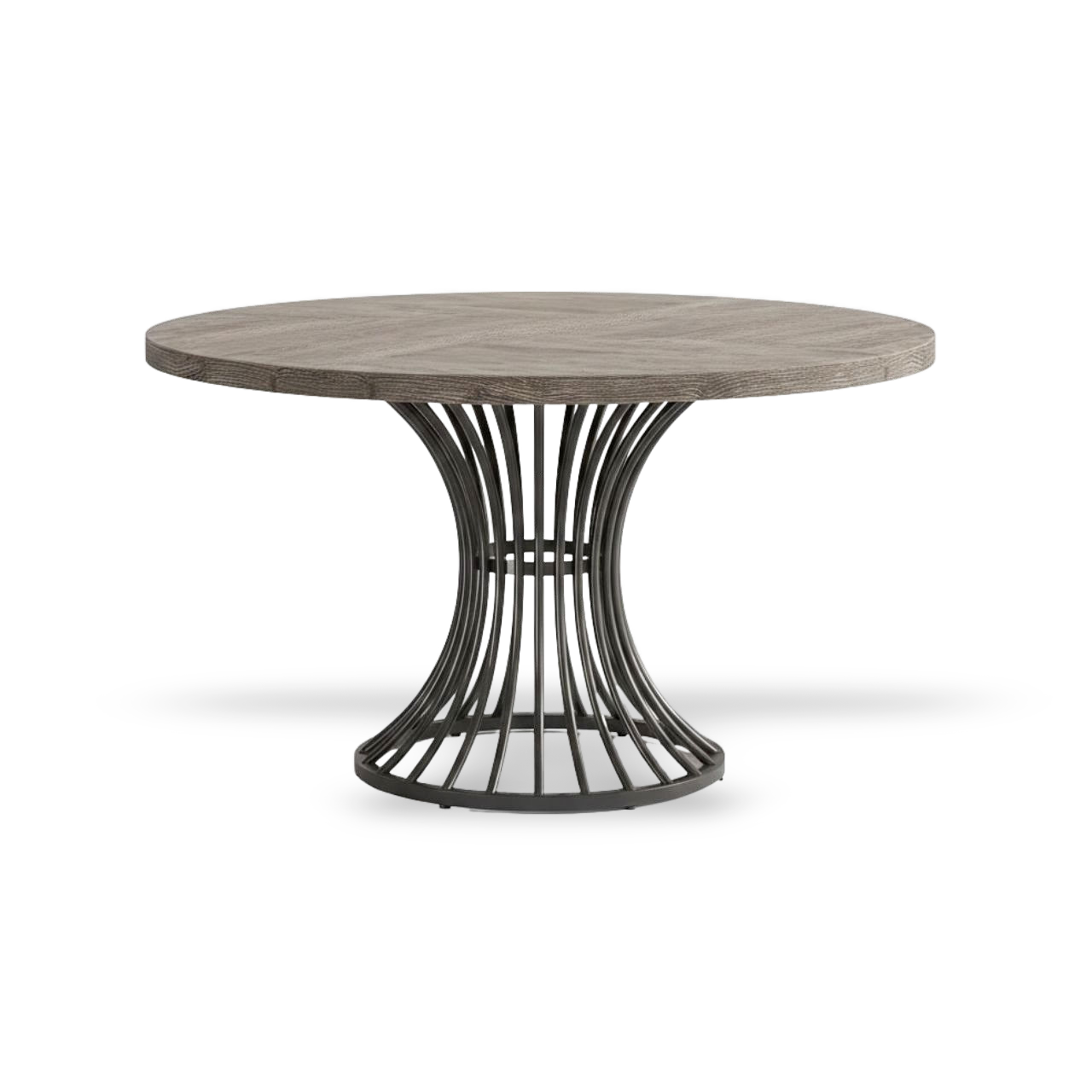 Round dining table with wooden top and metal base on a white background