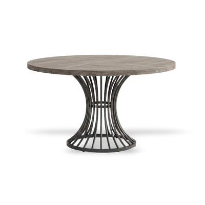 Round dining table with wooden top and metal base on a white background