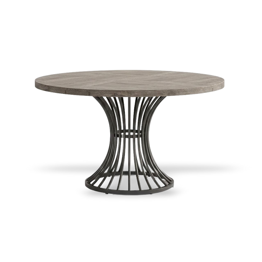 Round dining table with wooden top and metal base on a white background