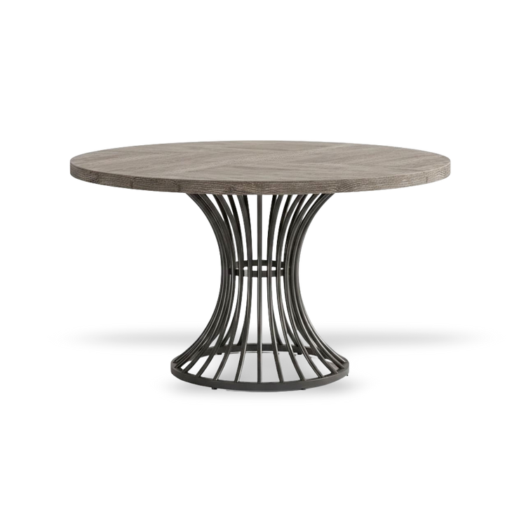 Round dining table with wooden top and metal base on a white background