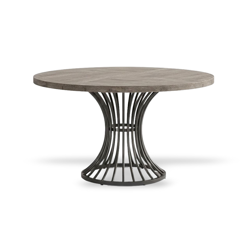 Round dining table with wooden top and metal base on a white background