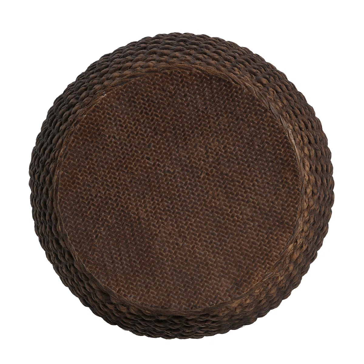 Round faux rattan side table in dark brown weave for indoor and outdoor use.