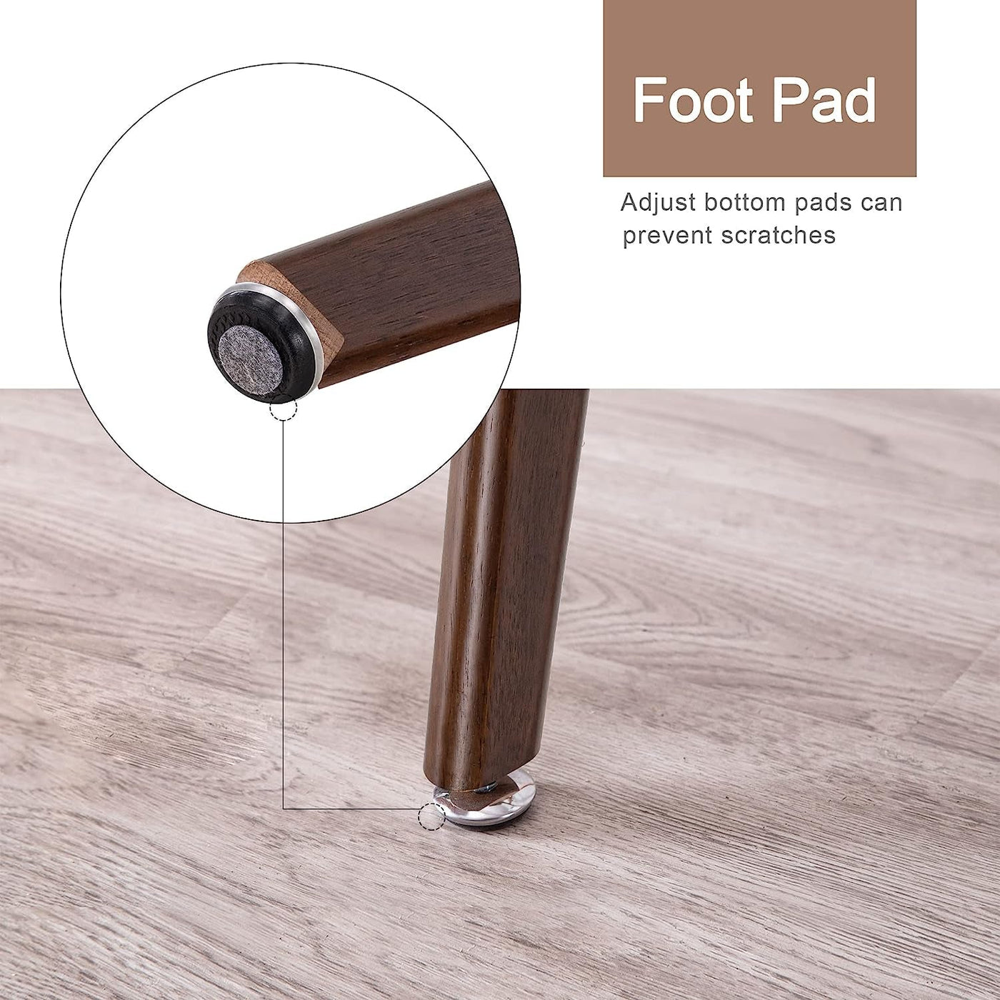 Round glass dining table with 8mm beveled edge and warm oak tripod base with protective foot pads.