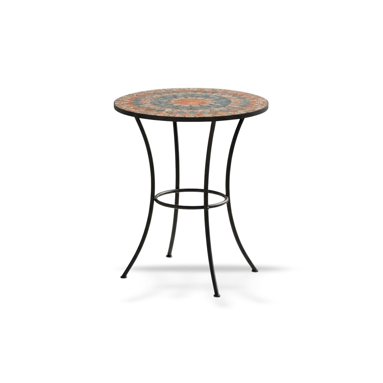 Round mosaic outdoor patio bistro table with grey and orange ceramic top on curved black metal legs.