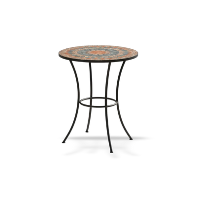 Round mosaic outdoor patio bistro table with grey and orange ceramic top on curved black metal legs.