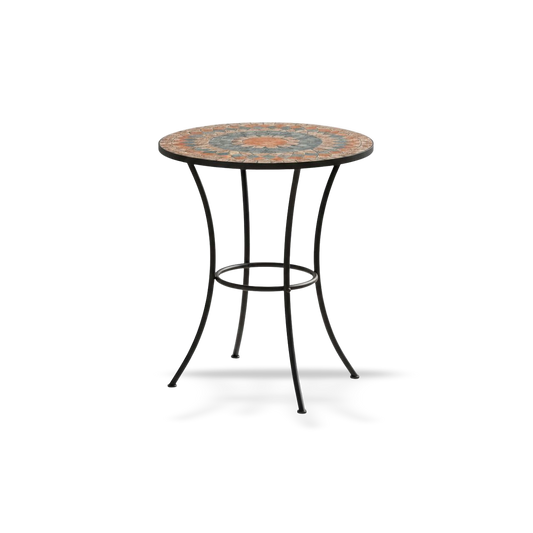 Round mosaic outdoor patio bistro table with grey and orange ceramic top on curved black metal legs.